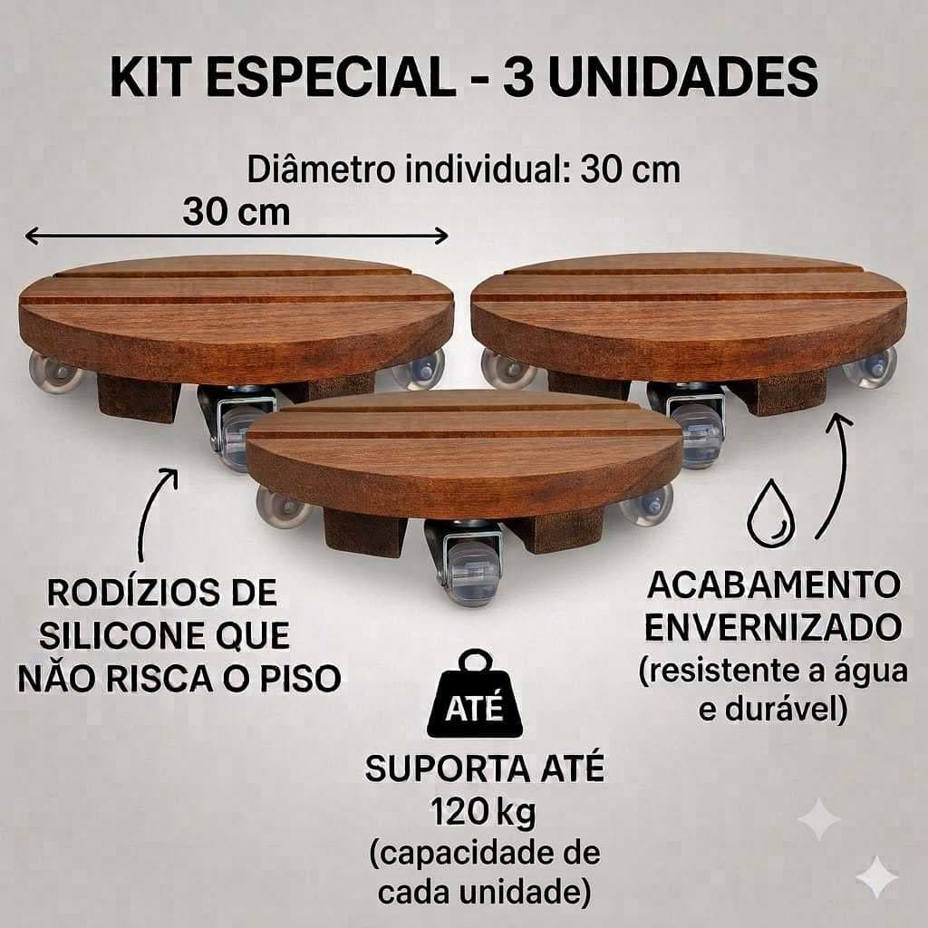 KIT 3 SUPORTES CARRINHO DE MADEIRA PARA VASOS DE PLANTAS COM RODINHAS GEL GIRATÓRIAS 30 CM ANTIRISCO