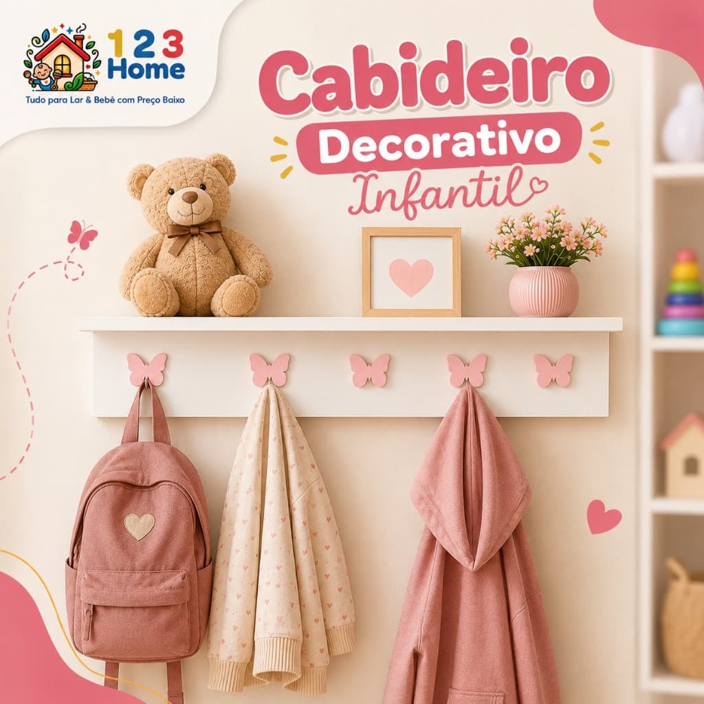 Cabideiro Gancho Parede Prateleira Infantil Estrela Coração Borboleta Suporte Bolsa Mochila Cabide