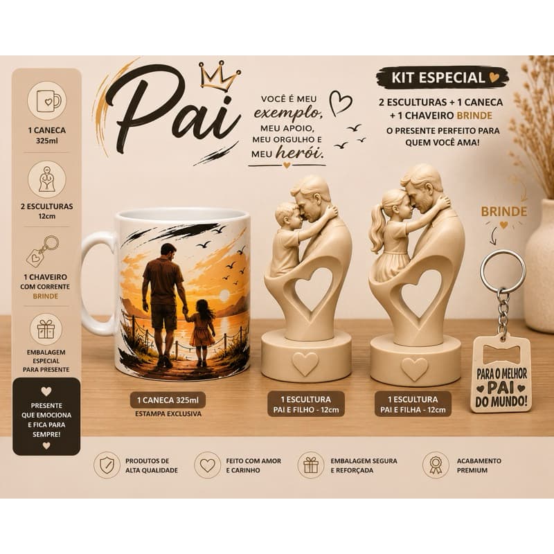 Kit Especial Dia dos Pais – 2 Esculturas 12 cm + Caneca Personalizada + Chaveiro Brinde