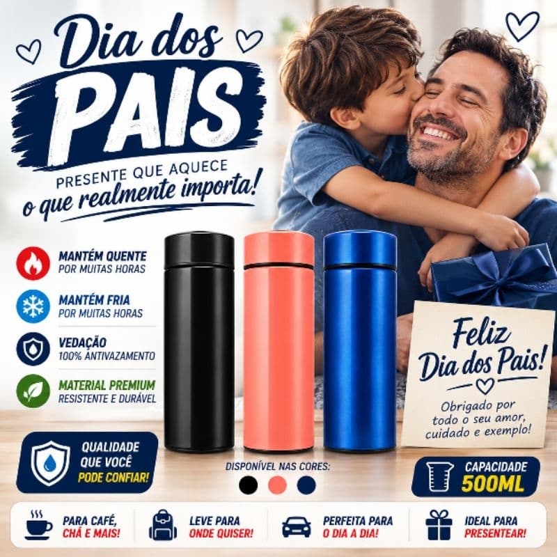 Garrafa Térmica Smart Cup com Display LED 500ml – Preta e Azul | Aço Inox