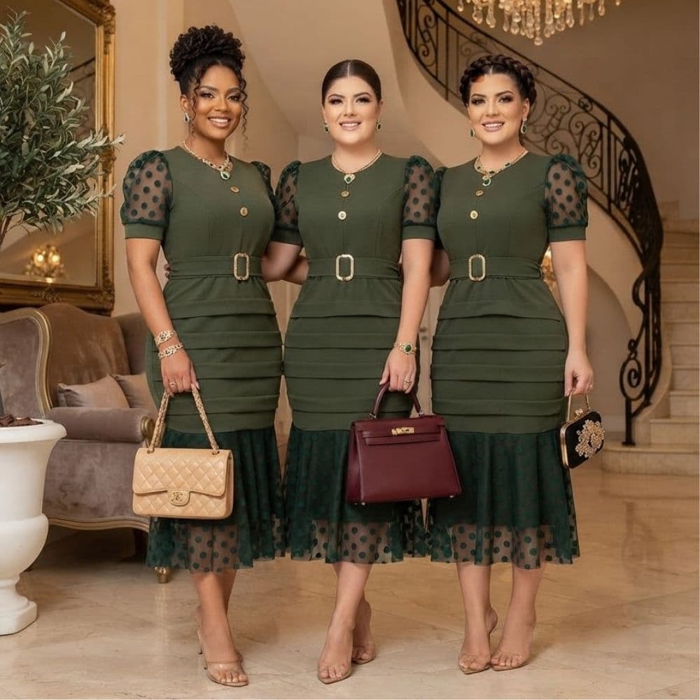 Vestido Feminino Midi Tubinho Social Manga Curta Moda Evangelica Plus Size Congresso Fardamento
