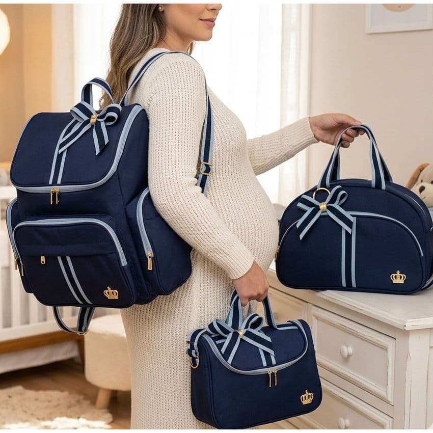 Kit Bolsa Bebe Maternidade Mochila Luxo Azul 3 bolsas Laço