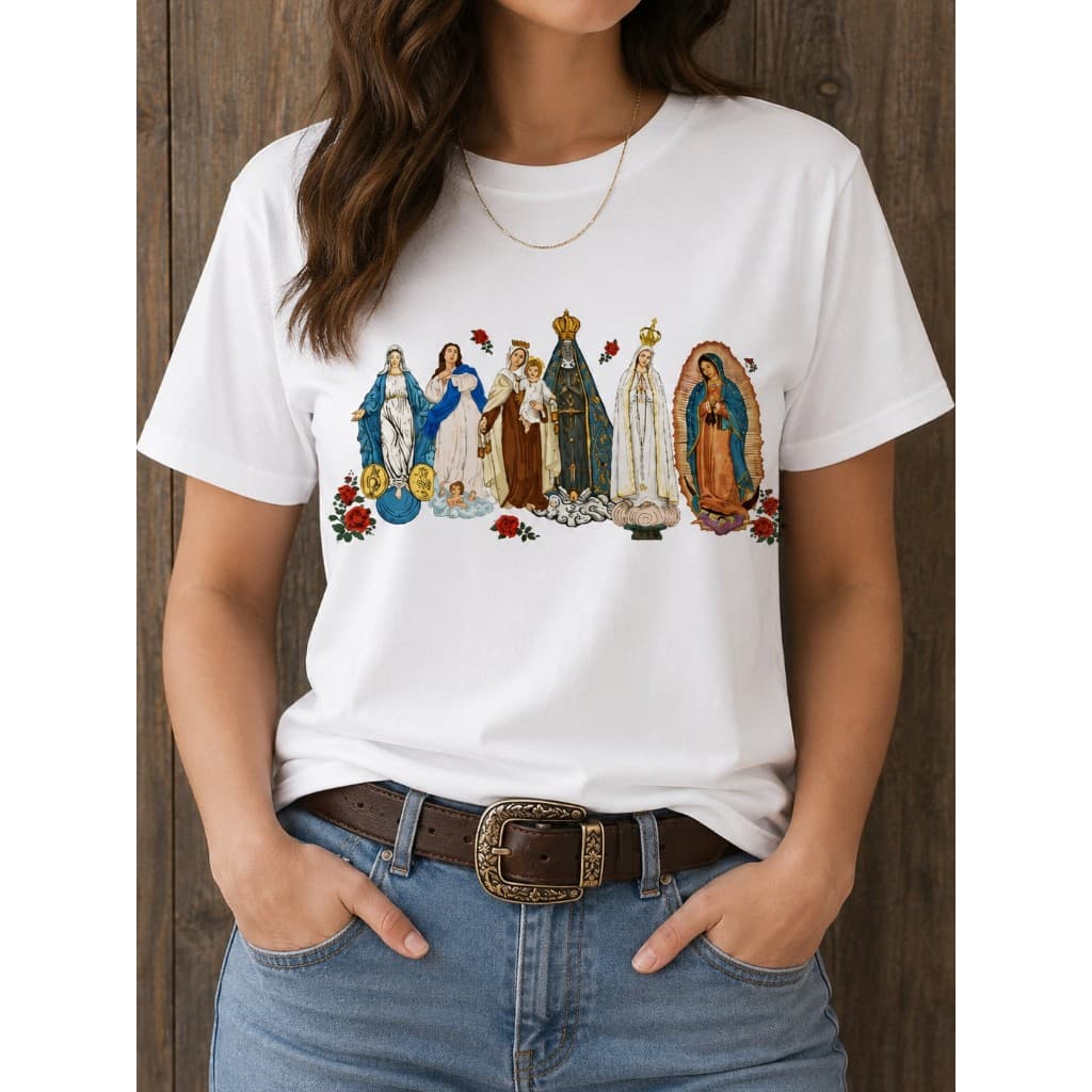 Camiseta Virgem Maria Novas Estampas Catolica Cristã Gospel 100% Algodão Blusa Igreja
