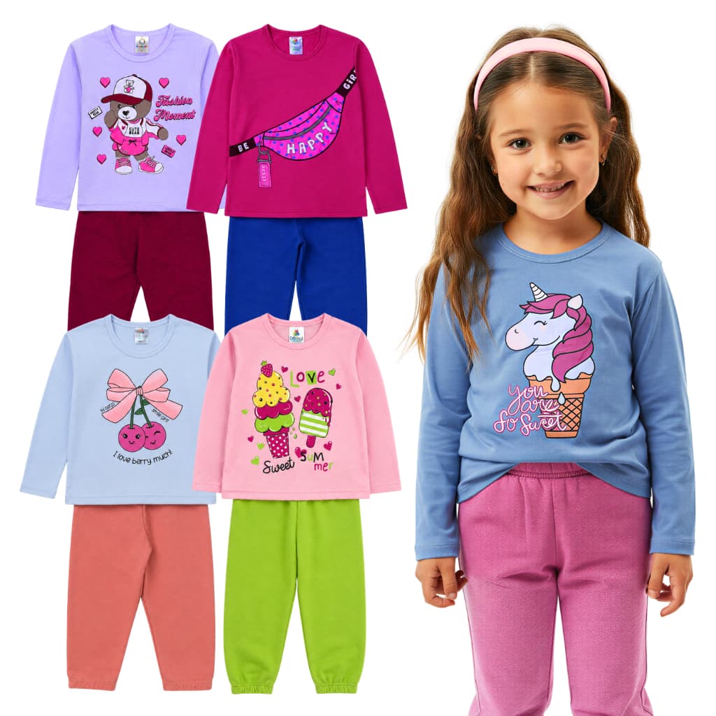 Kit 4 ou 6 Peças 2 ou 3 Conjunto Roupa Infantil Meia Estação Blusa Manga Longa + Calça Feminino