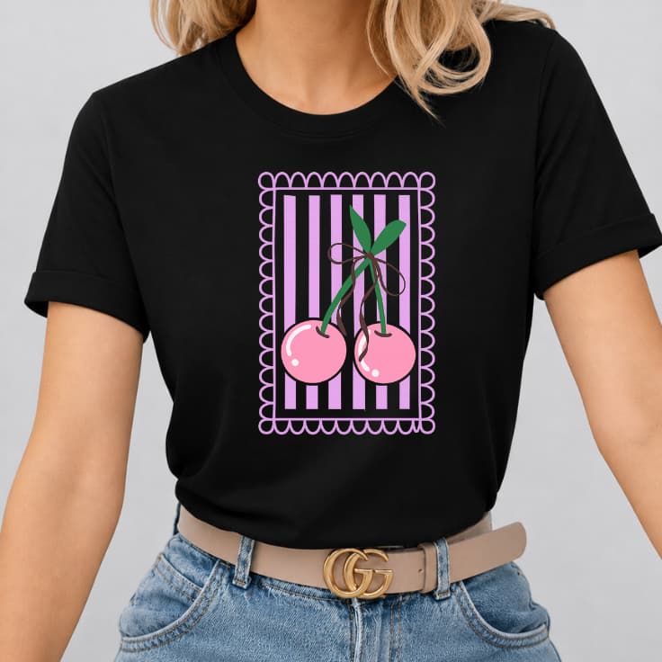 Camiseta Feminina Cerejinha Camisa Básica 100% Algodão Tshirt Estampa Minimalista Cereja Fio 30.1