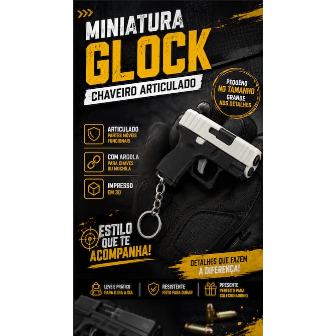 Chaveiro Glock Articulado em 3D – Miniatura Realista com Partes Móveis