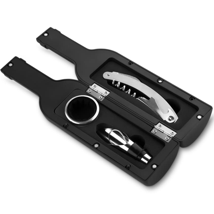 Kit Acessórios para Vinho 4 Peças em Inox Estojo Formato Garrafa Presente