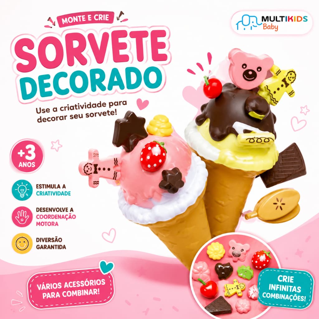 Brinquedo Sorvete Decorado Infantil Creative Fun BR1230 Kit Educativo Montar e Decorar +3 Anos