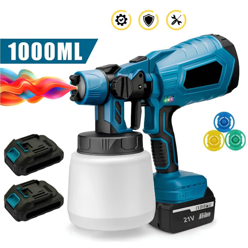 Pistola de Pintura Elétrica 21V 1000ml 2 Baterias Lítio Bicos Ajustáveis Para Pintura Parede Móveis