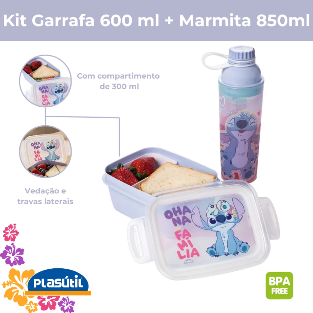 Marmita 850 ml Lancheira Escolar Garrafa 660 ml do Stitch