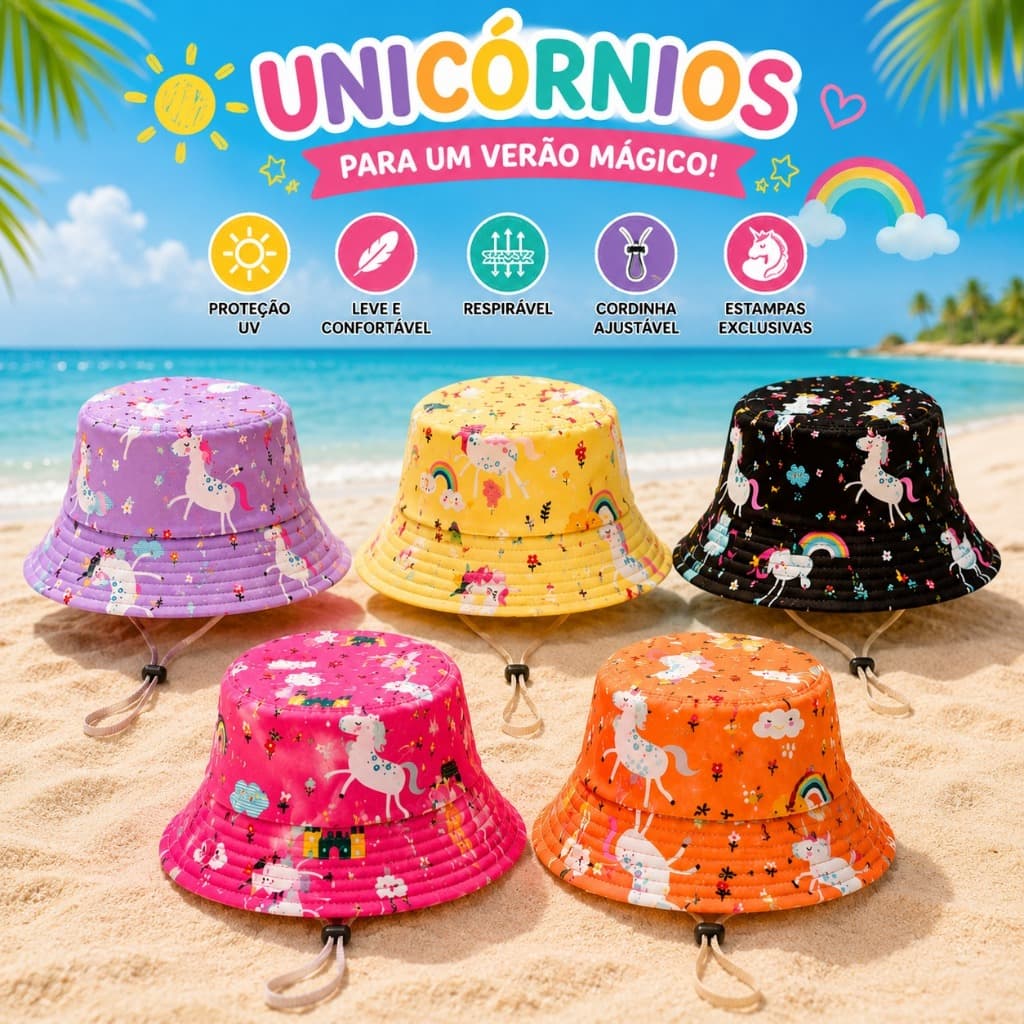 Chapéu Bucket Infantil Unicórnio Menina Proteção UV Cordinha Ajustável Praia Piscina Passeio