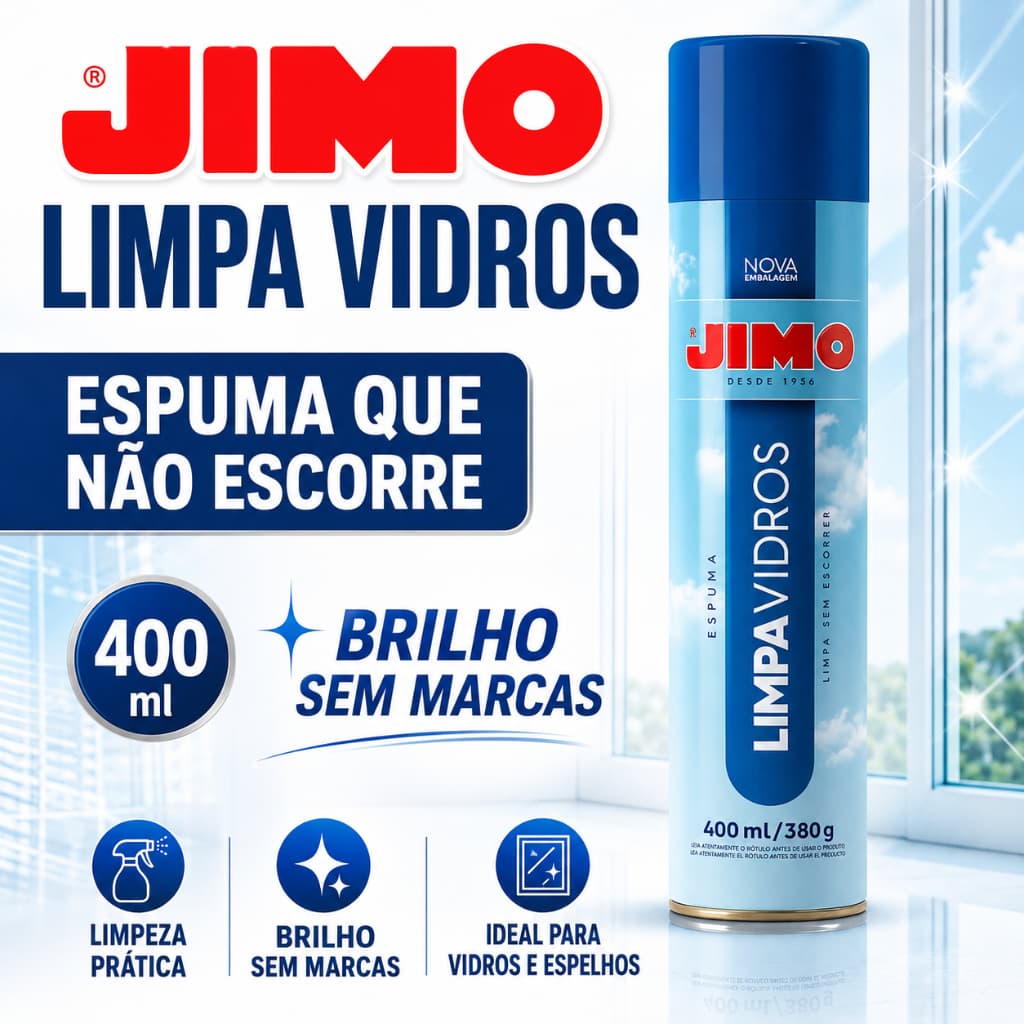 Limpa Vidros Jimo Spray 400ml Multiuso Sem Borrar Limpeza Profunda Box Janela Sacada Porta Espelho Cristais