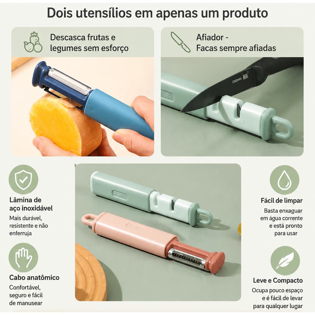Descascador 2 Em 1 Frutas Legumes Afiador Amolador De Facas