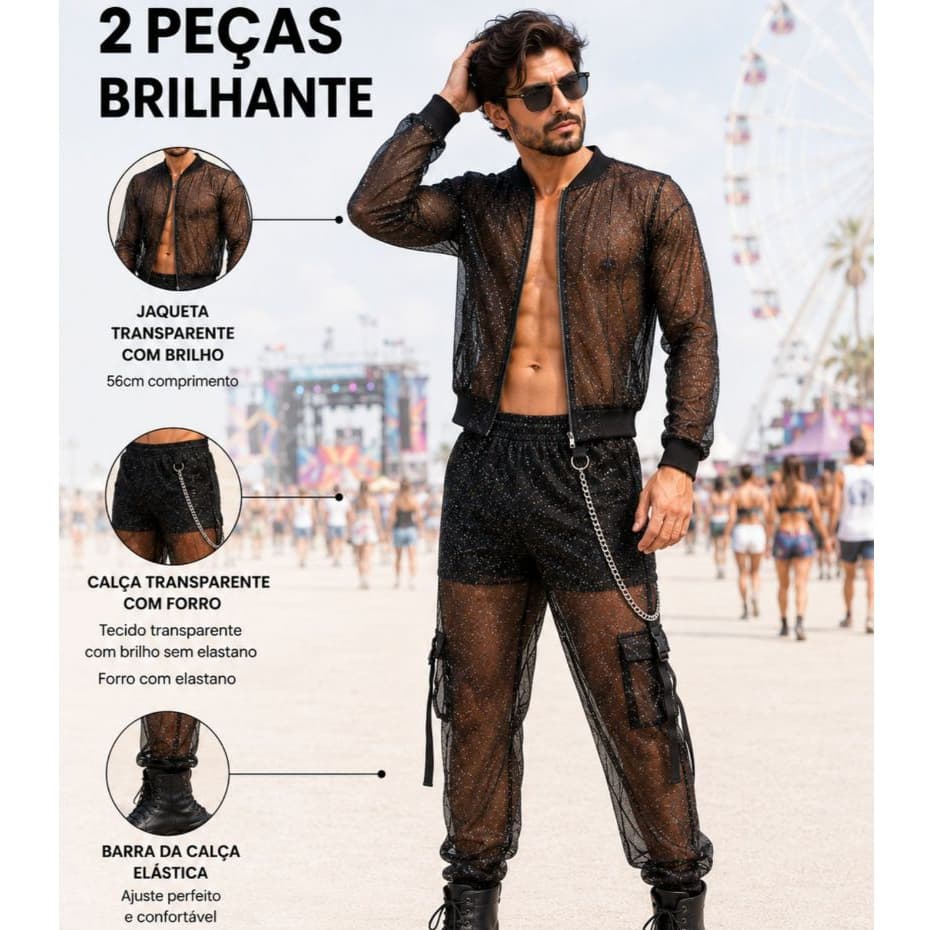 JAQUETA + CALÇA Transparente BRILHANTE: 2 peças Conjunto Look Festival/kit transparente com gliter/rave/balada lgbt gay