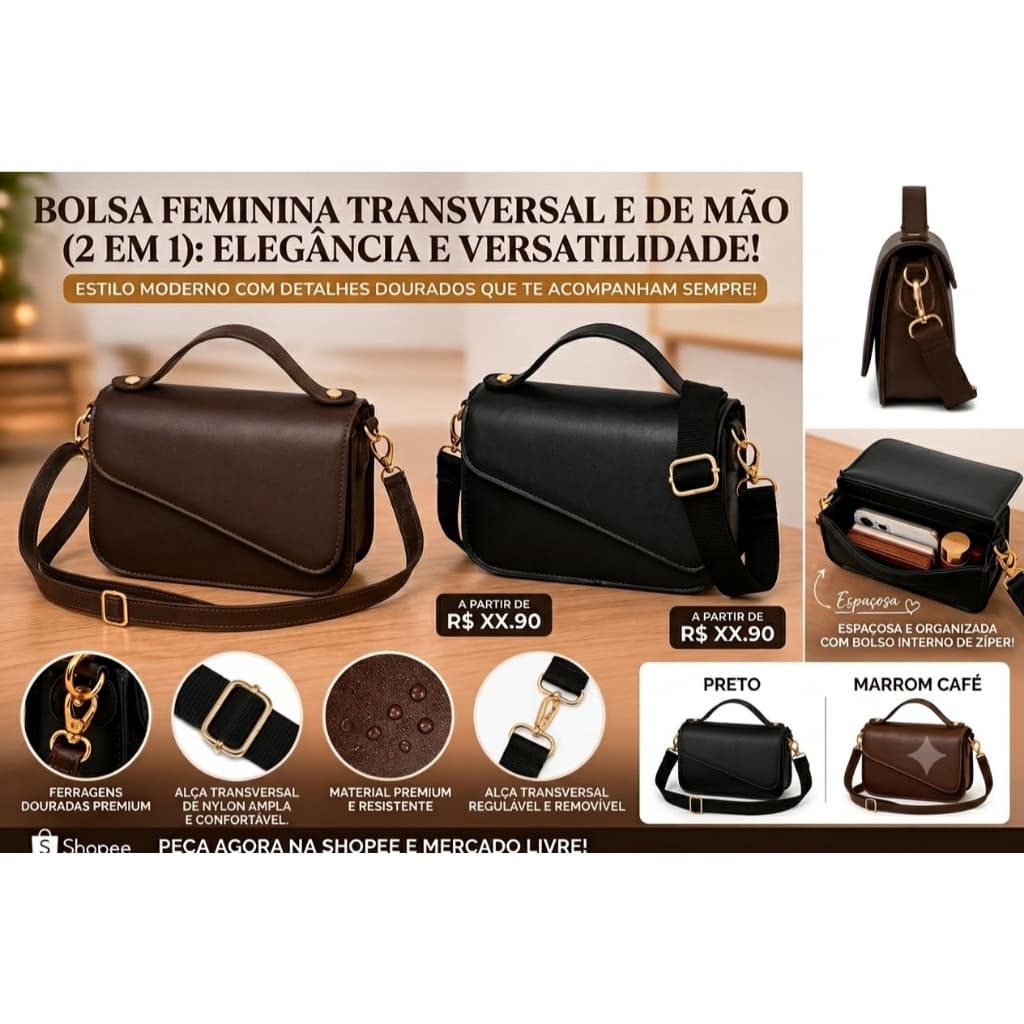 Bolsa Feminina Transversal Pequena De Mão Com Alça Regulável e Removível Ferragens Douradas Moda Blogueira