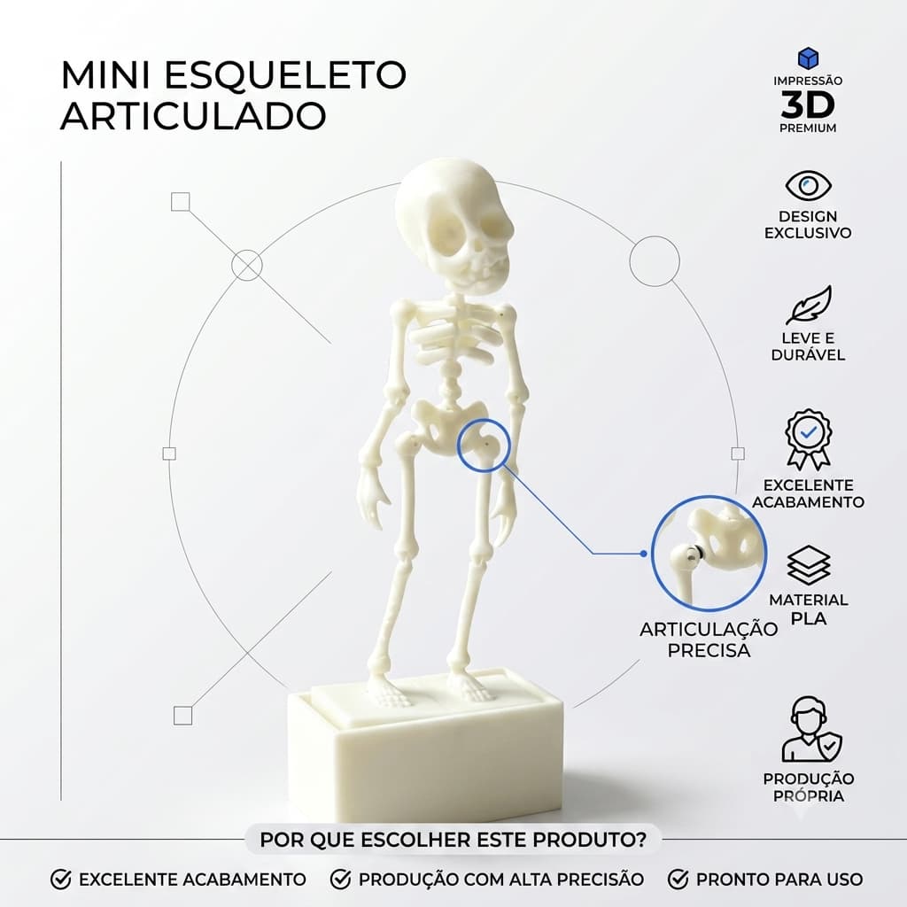 Mini Esqueleto Articulado Enfeite Decorativo Aquario e Mesa 14cm Impressao 3D PLA Atoxico