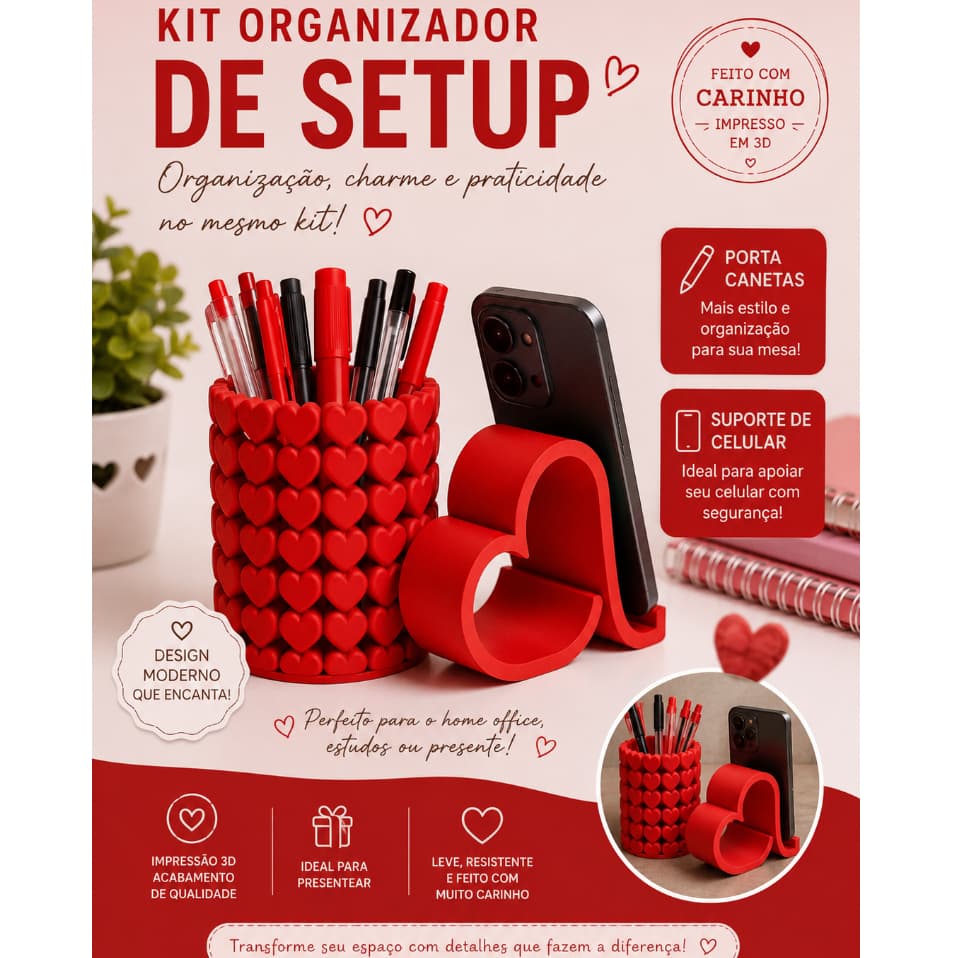 Porta-Canetas Coração + Suporte para Celular Coração/ Porta Lápis de Coração / Decoração /  Home Office Escritório Setap