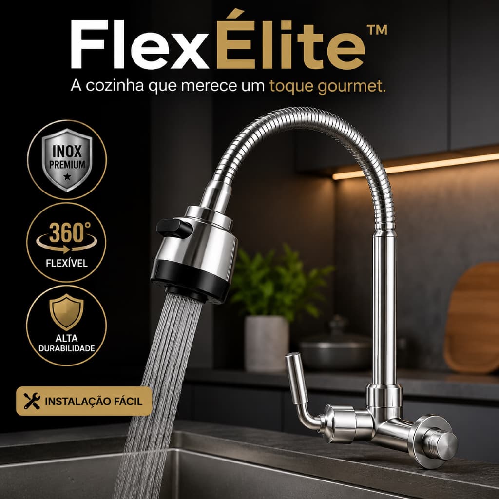 FlexÉlite™ Torneira Gourmet Flexível de Parede com Ducha 360° em Inox para Cozinha 1/2” Alta Durabilidade