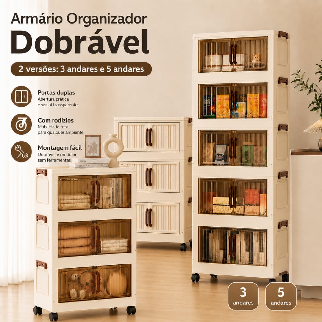 Armário organizador dobrável sem montagem, portas transparentes com rodízios, duas versões: 3 e 5 andares