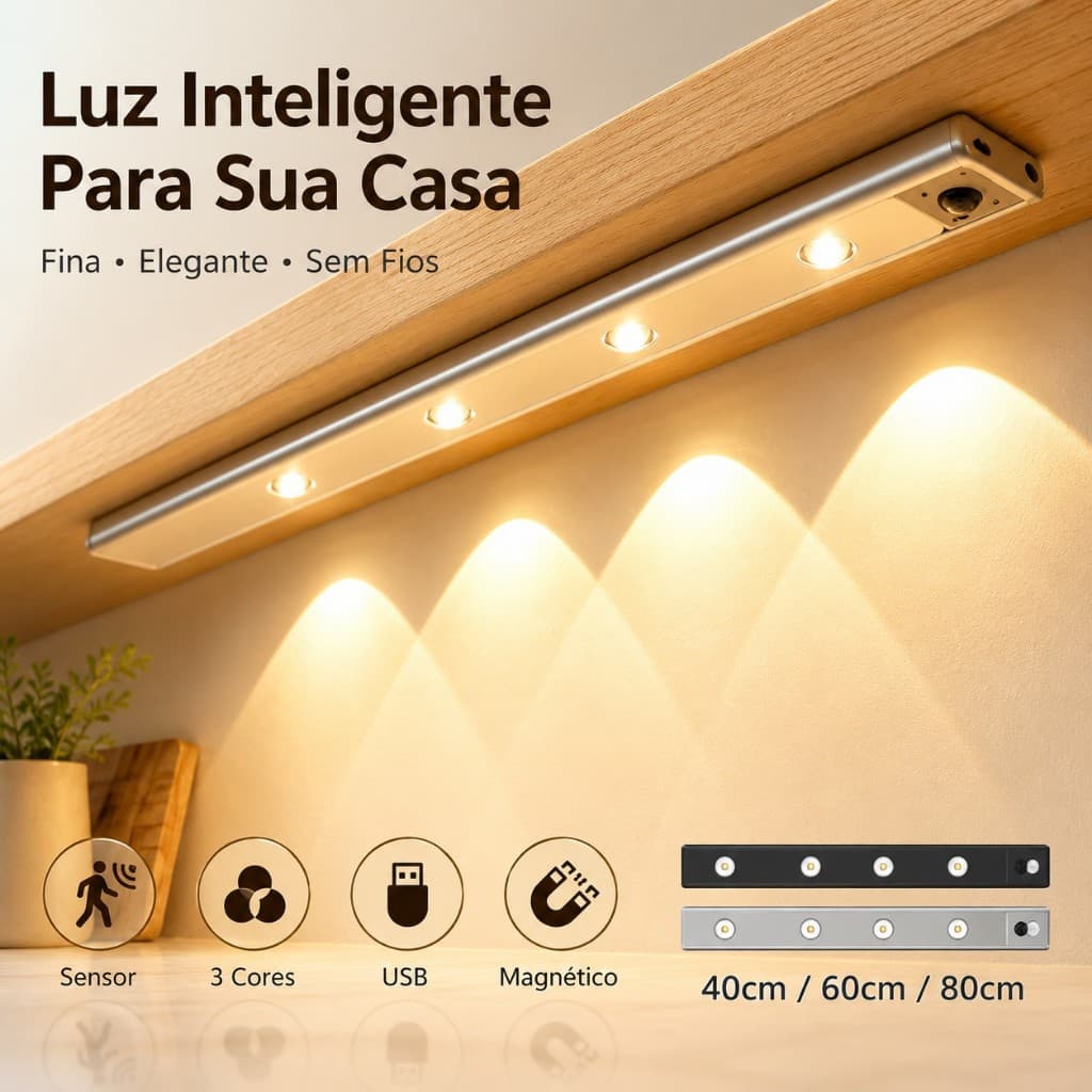 Luz LED com Sensor de Movimento USB Recarregável 40cm 60cm 80cm 3 Cores Magnética para Armário Cozinha