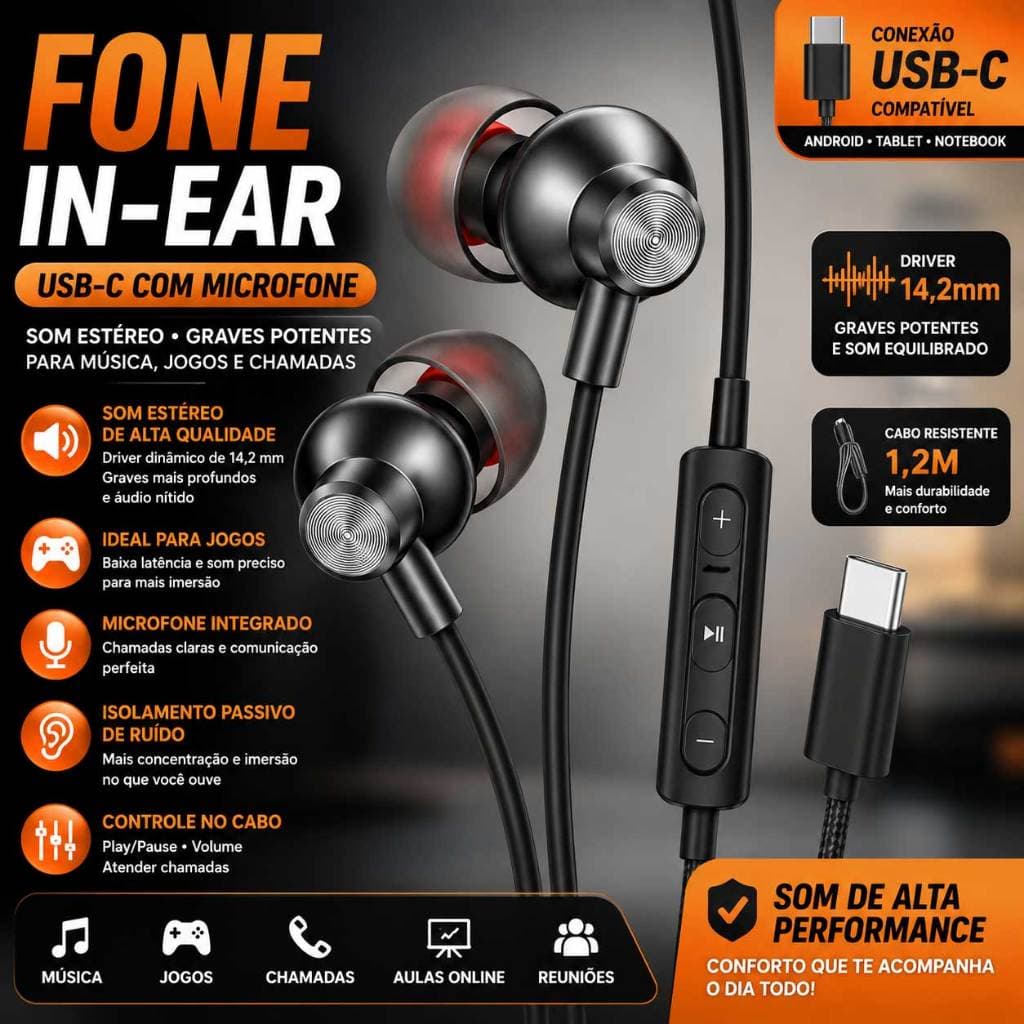 Fone de Ouvido HiFi Intra-Auricular Type-C Com Fio Meio Intra-Auricular Digitais Controle Inferior Compatível Smartpho