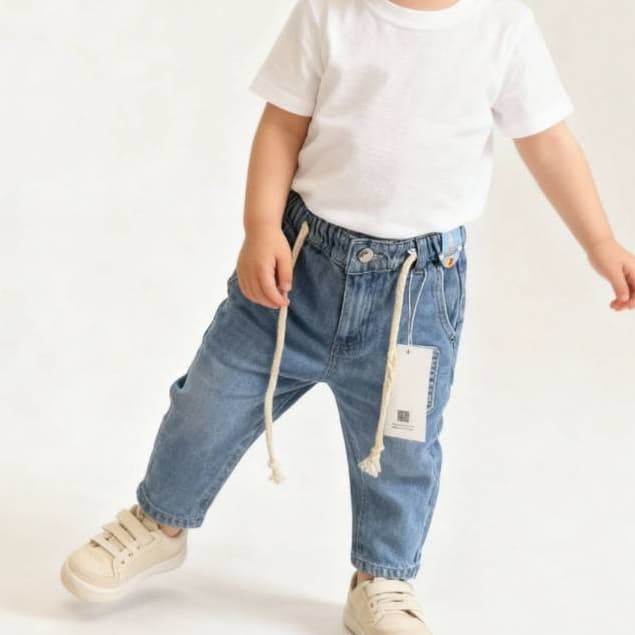 Calça Jeans Infantil Menino Com Cordão Ajuste na Cintura Azul Macio Confortável Casual 1 2 3 Anos