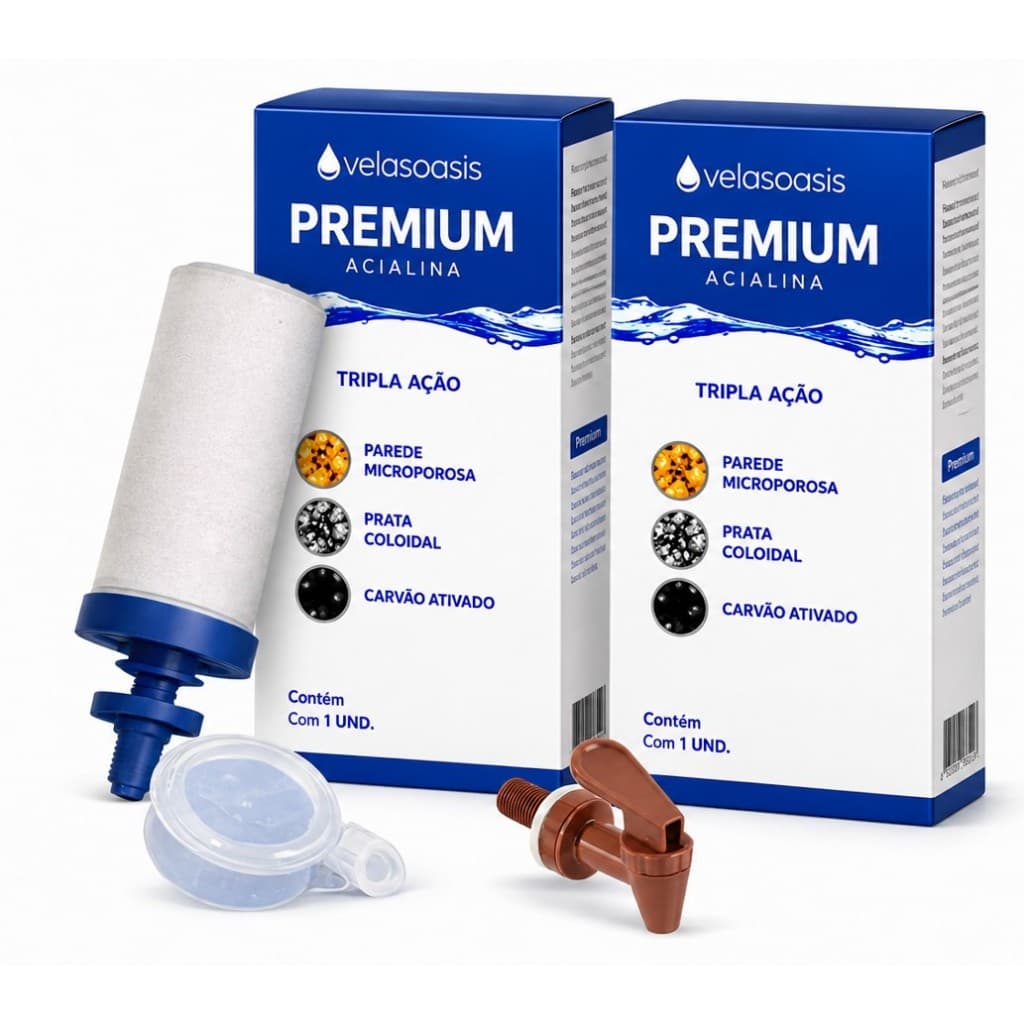 Kit Filtro de Barro 2 Velas Tripla Ação Alcalina, Carvão Ativado e Prata Coloidal + 1 Boias + 1 Torneira