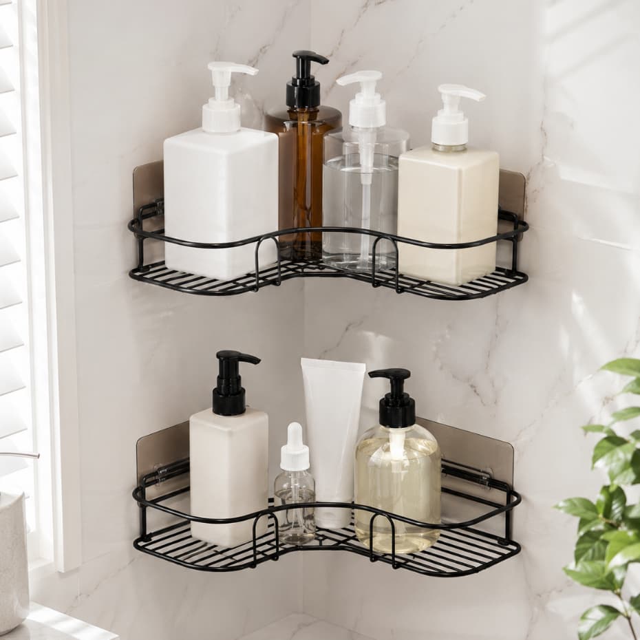 Kit 2 Prateleiras de Canto Adesivas Sem Furo Suporte para Banheiro e Cozinha Porta Shampoo e Sabonete