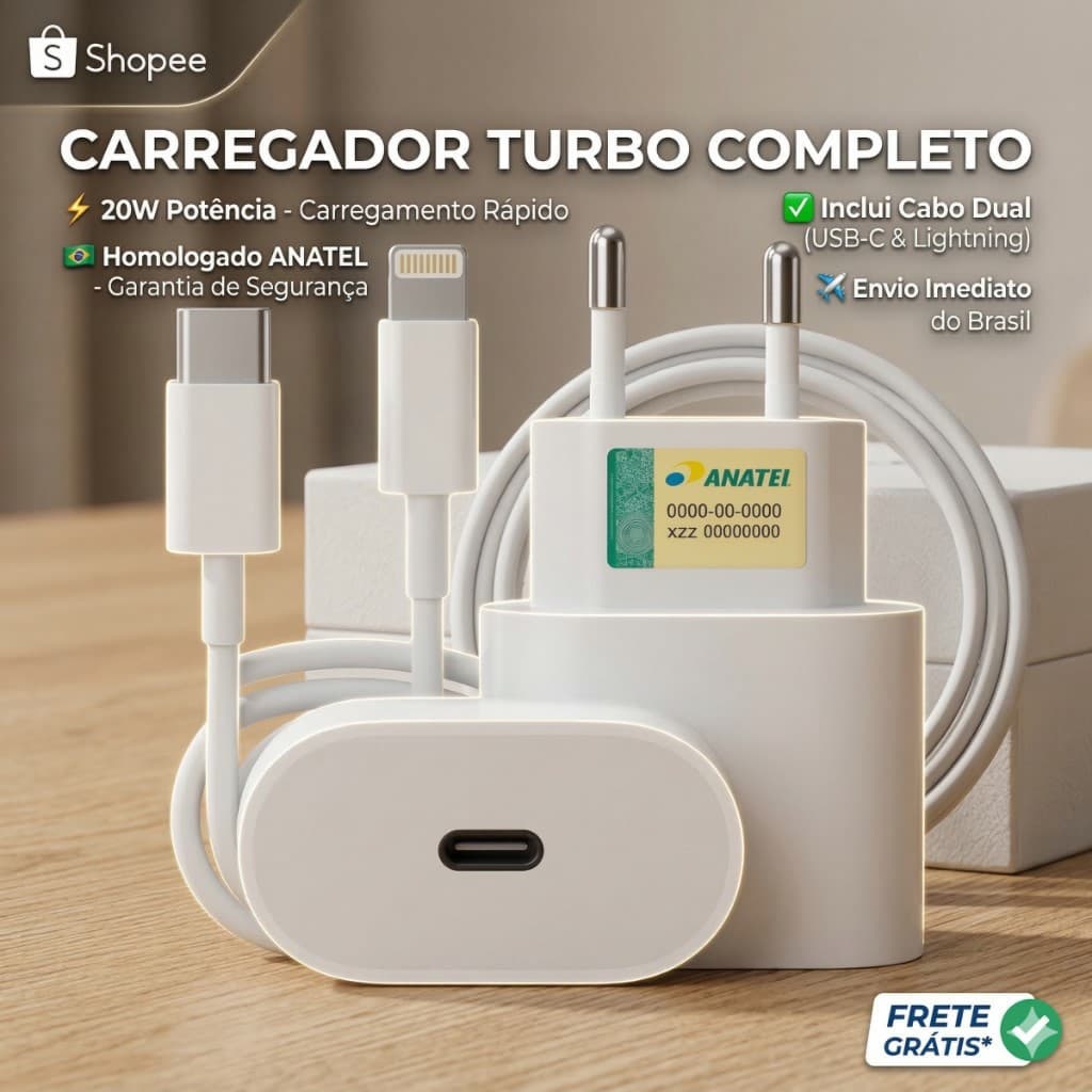 Kit Carregador iPhone Cabo e Fonte USB - C Lighthing 8 11 12 13 14 Envio Imediato