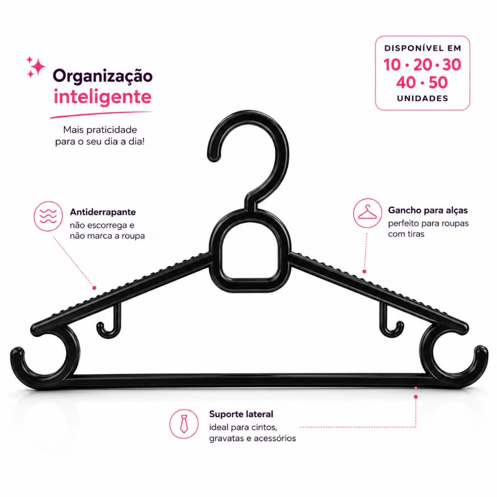 Cabide Plástico Preto Adulto Reforçado Antiderrapante Multifuncional Kit 10 20 30 40 50 Unidades