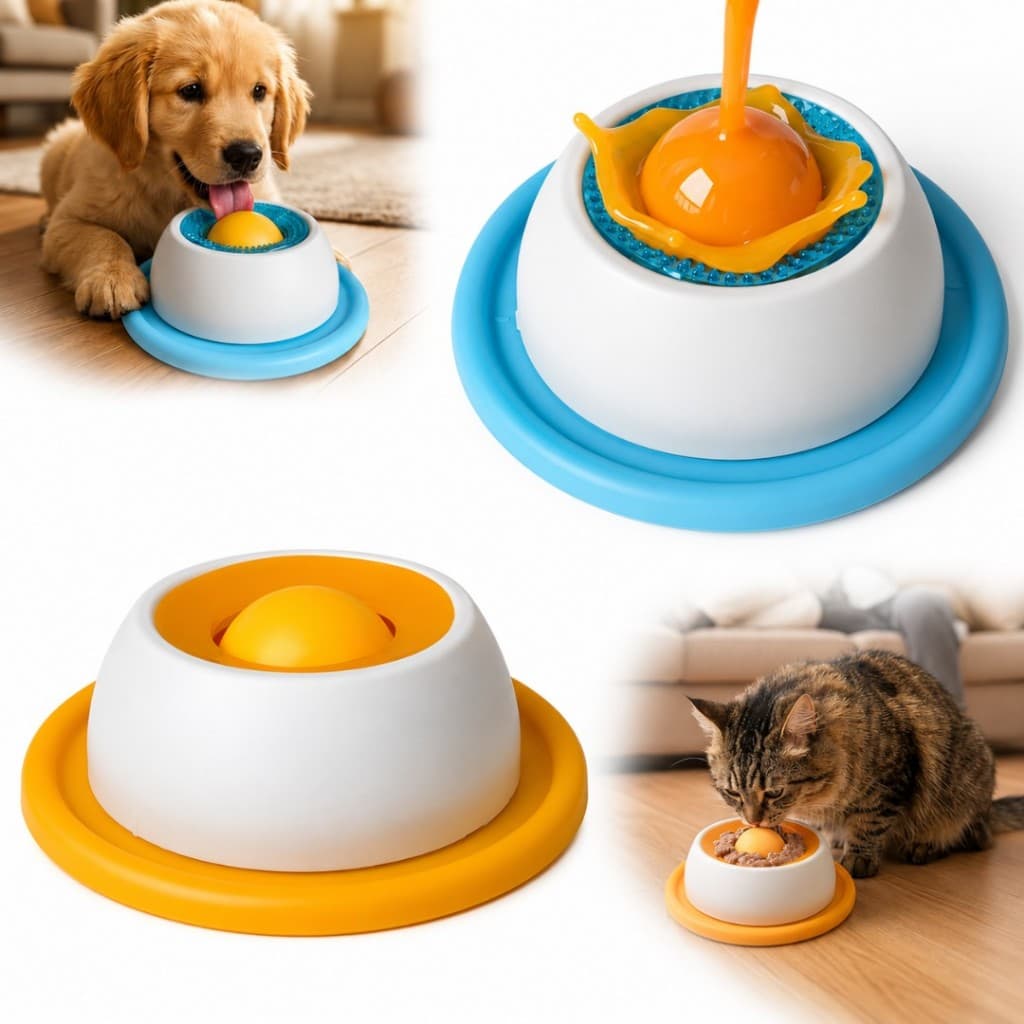 Tigela Para Lamber Cães e Gatos Comedouro Lento Brinquedo Calmante C/ Bola Giratória Divertido Interativo LR-0381