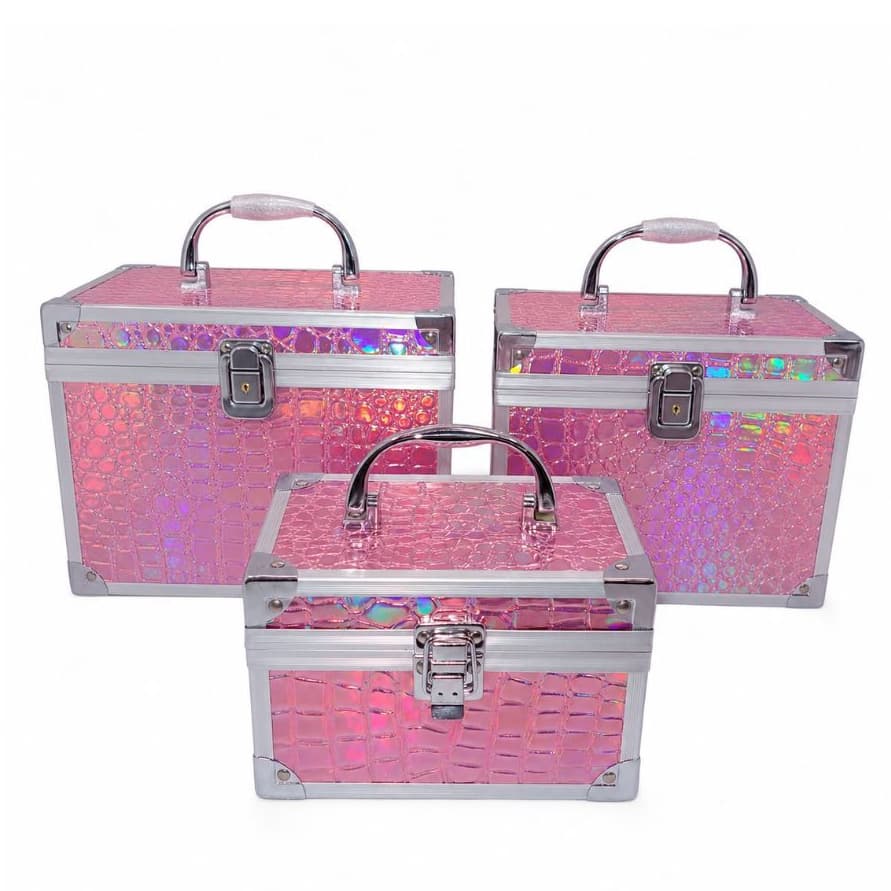 Kit 3 Maletas de Maquiagem Profissional com Segredo Numérico Luxo Preta Croco - Tamanhos P M G