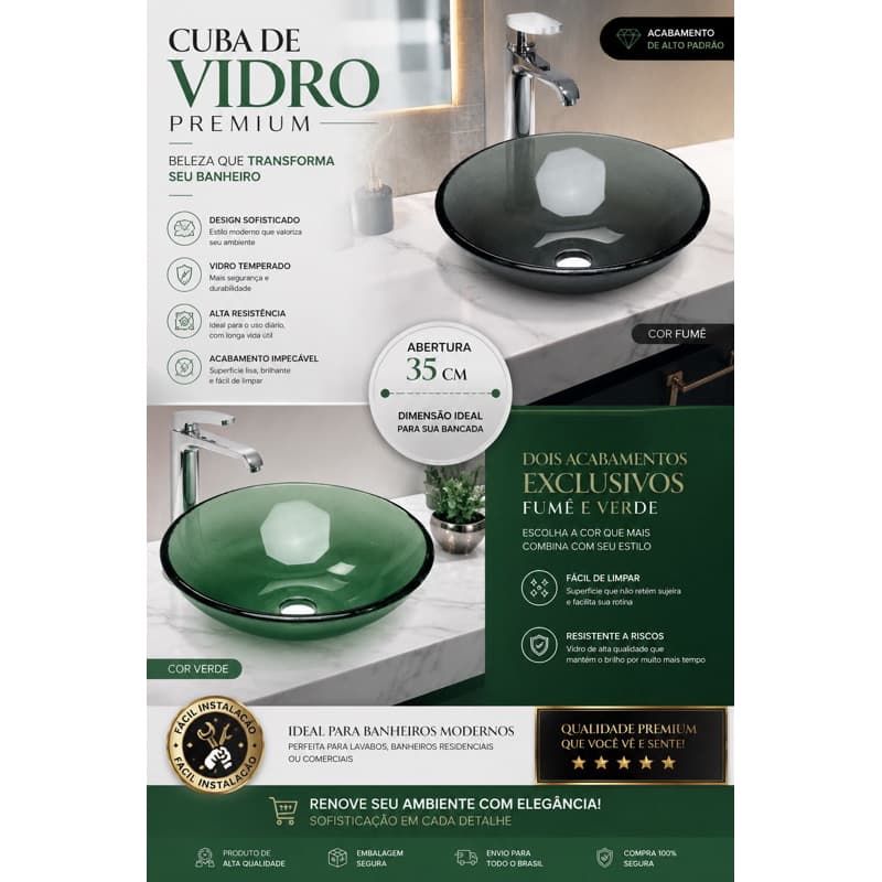 Cuba de vidro fumê ou verde, moderna, resistente, ideal para lavabo e banheiro. Vidro  08mm premium.