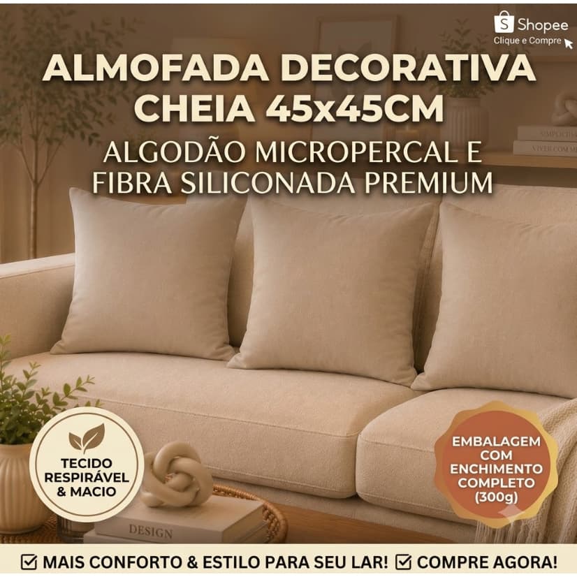 Almofada Decorativa 45x45 Cheia Enchimento Fibra Siliconada Macia Micropercal Sofá Sala Cama
