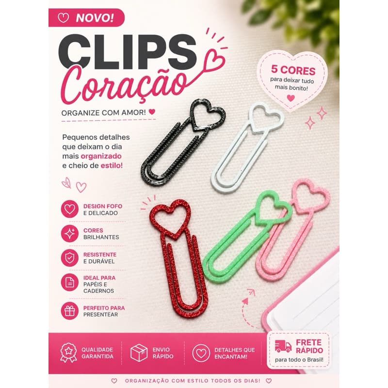 kit 50 clipes modelo coração , material escolar escritório clips para papel