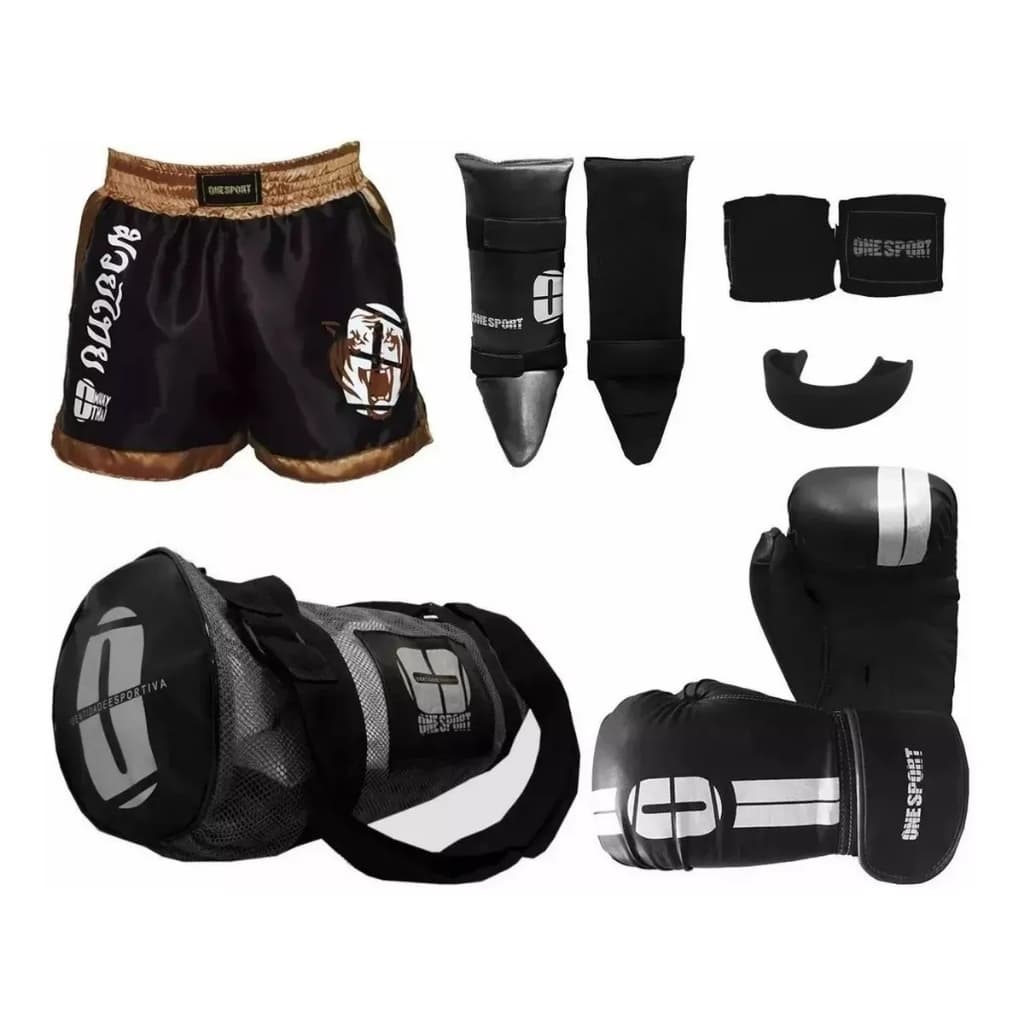 Kit Boxe Muay Thai Luva de Boxe + Short + Protetor Bucal + Caneleira + Bolsa + Bandagem Elastica Kickboxing Bate Saco
