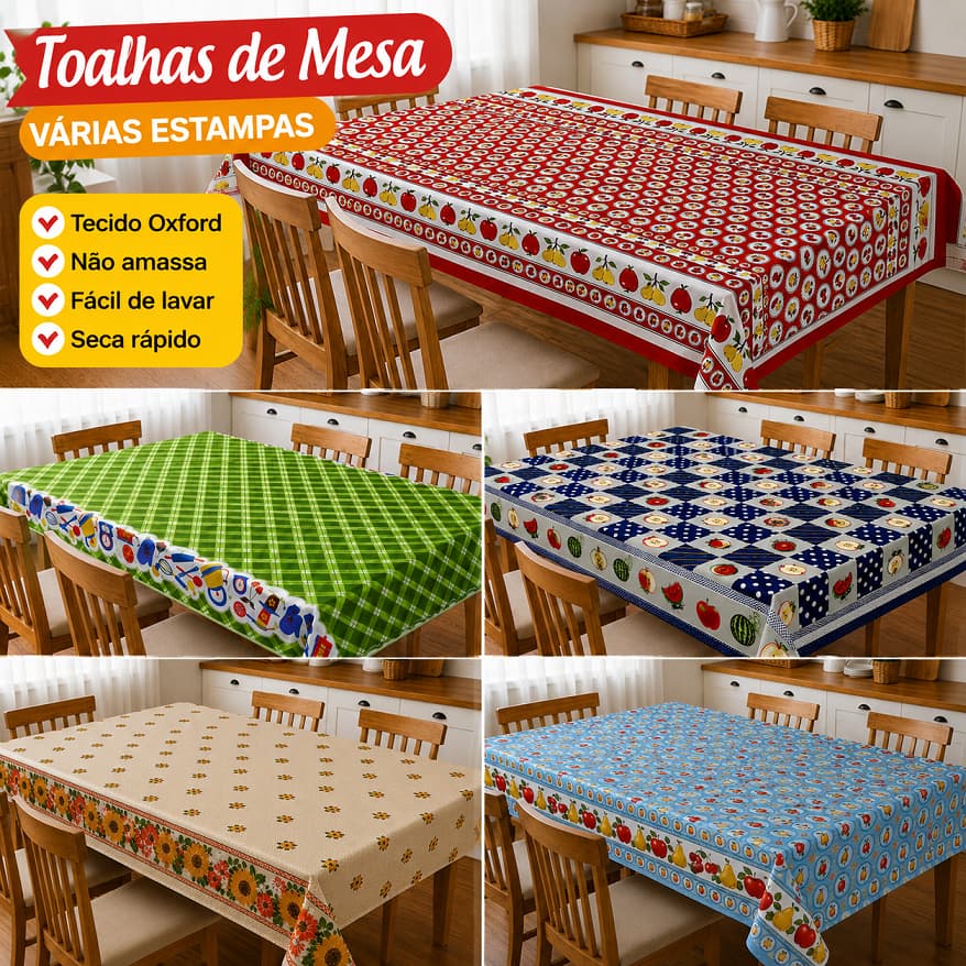 Toalha de Mesa Oxford Estampada Fácil de Lavar Vários Tamanhos Tecido Quadrada Redonda retangular
