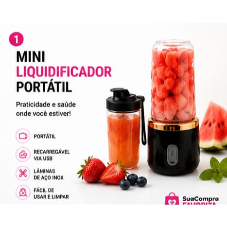 Mini Liquidificador Portátil 400ml 6 Lâminas Recarregável USB Mixer Suco, Shake, Whey Protein