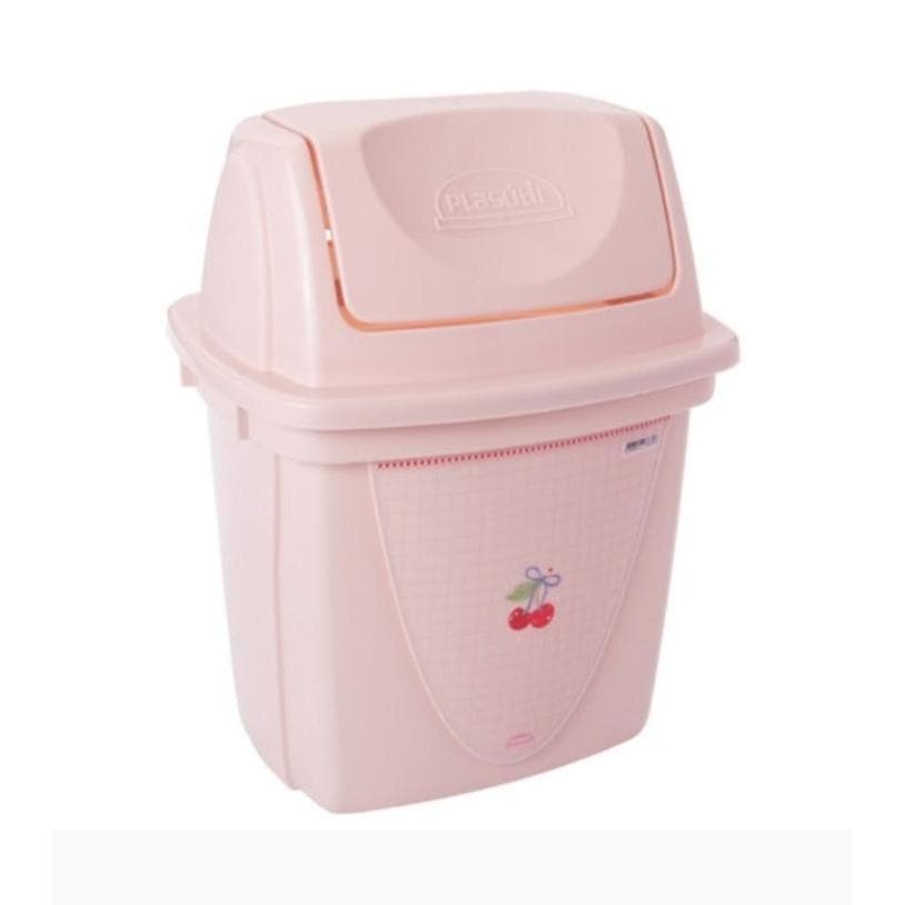 Lixeira De Pia Cozinha Basculante Compacta Com Tampa Cor Rosa Pétala com Detalhe de Laço e Cerejas.