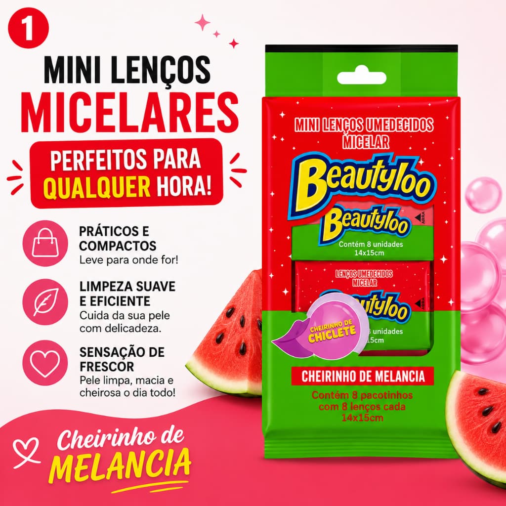 Pacote com 8 Mini Lenços Umedecidos Demaquilante Facial Beautyloo Micelar