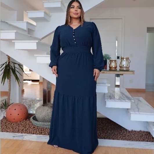 vestido longo femenina plus size evangelico casual manga longa duna