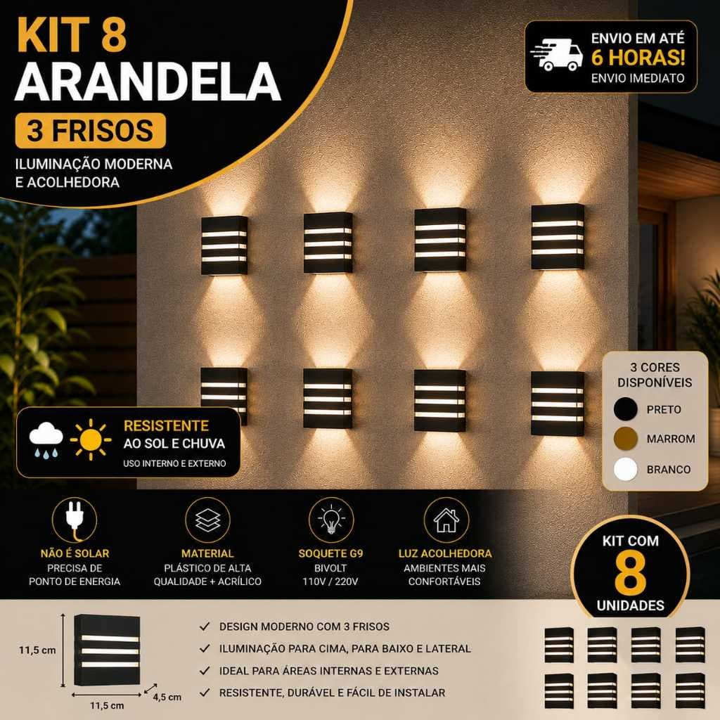 Kit 8 Arandela Luminária De Parede Slim 3 Focos 3 Frisos Uso Interno e Externo Acompanham Lâmpada Led 5w