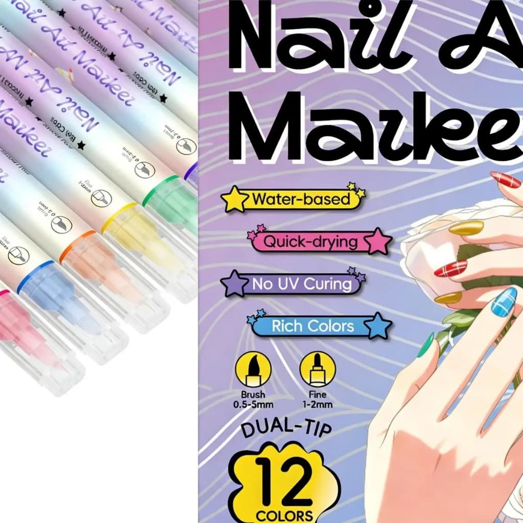 Kit 12 Cores Caneta para Nail Art  Dupla Ponta Tinta à Base de Água Desenho para Unhas