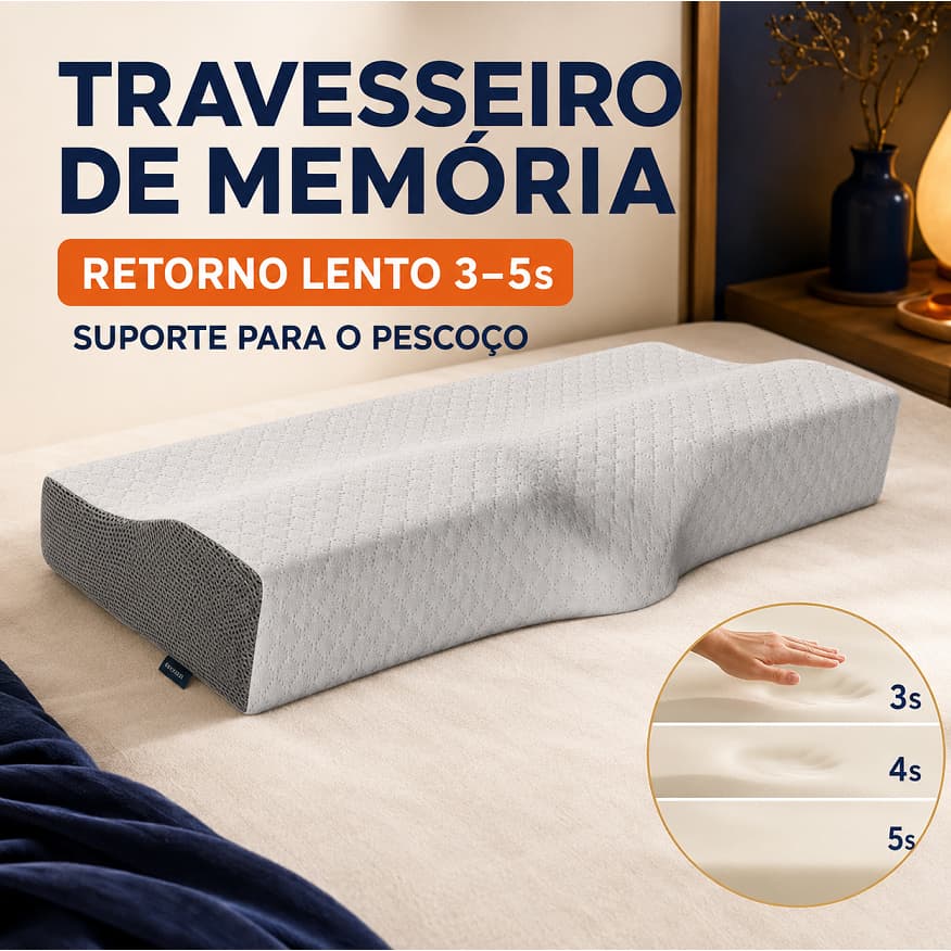 Travesseiro Cervical Memory Foam Espuma Viscoelástica Ergonômico para Pescoço 60x35cm com Capa Removível