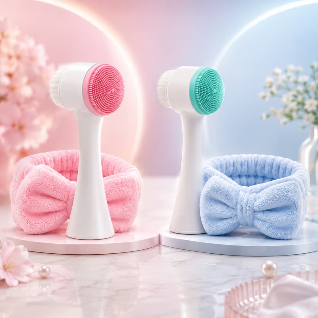 Kit Skincare Massageador Limpeza Facial Escova Massageadora 2 em 1e faixa de cabelo maquaigem