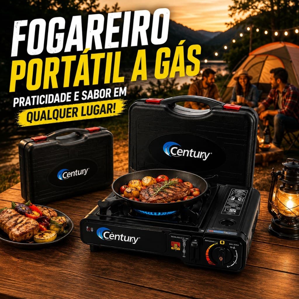 Fogareiro Portátil a Gás Century com Maleta, Acendimento Automático, Camping, Pesca, Viagem