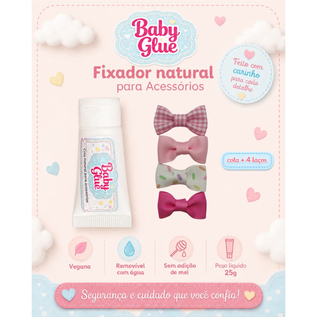 Kit Baby Glue Cola para Laço de Bebê + 4 Laços Candy e Xadrez Rosa para RN Menina e Bebê Sem Cabelo