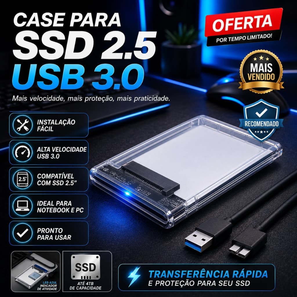 Case Hd Ssd Externo 2.5 Usb 3.0 Flash Transparente Plug Play 6Gbps Pc Notebook Ps4 Xbox One