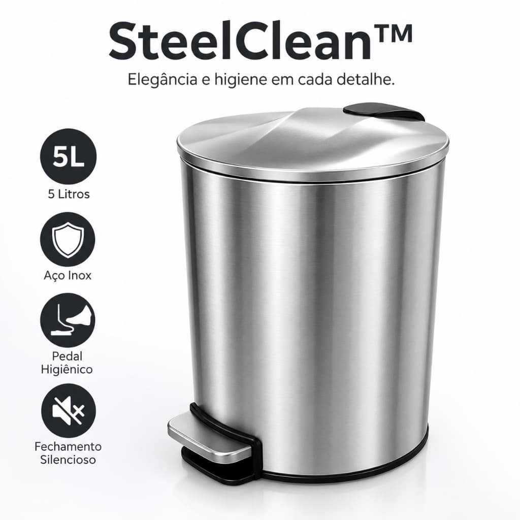 Lixeira Inox 5L com Pedal Design Slim Compacta Banheiro Lavabo Cozinha Escritório