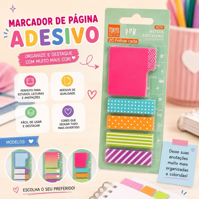 Notas Adesivas Tokyo Colors 5 Blocos 100 Folhas Marcadores de Página